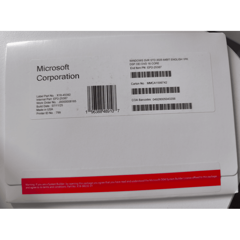 Microsoft Windows Server 2025 Standard DVD *16Core*